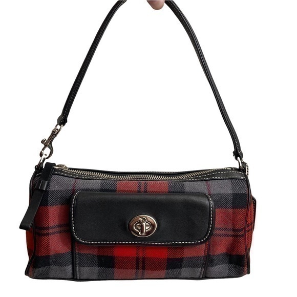 Coach red gray black plaid mini bag leather and possibly wool - Picture 1 of 12